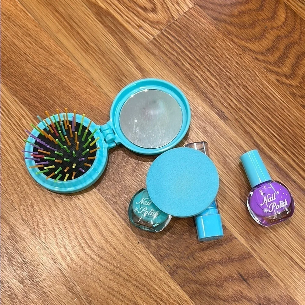 Girls Glittery Blue purse Nail Polish lip gloss hair brush mirror play make up